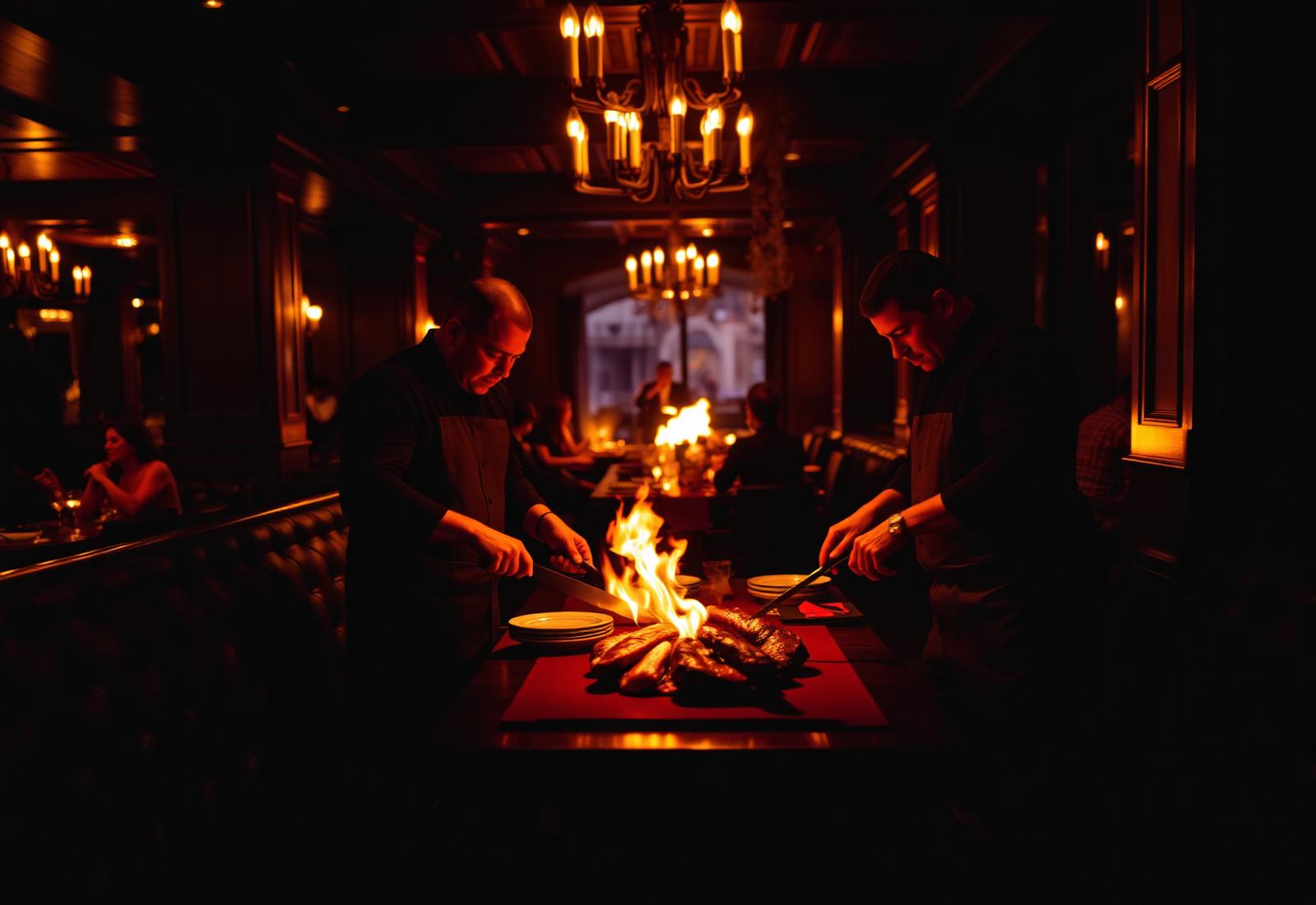 Gauchos carving picanha tableside in candlelit dining room